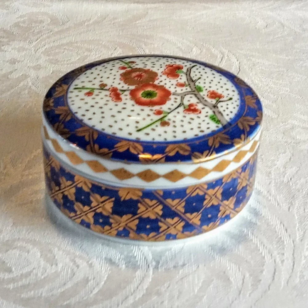 Vintage Red Flower Blue Gold Porcelain Trinket Box